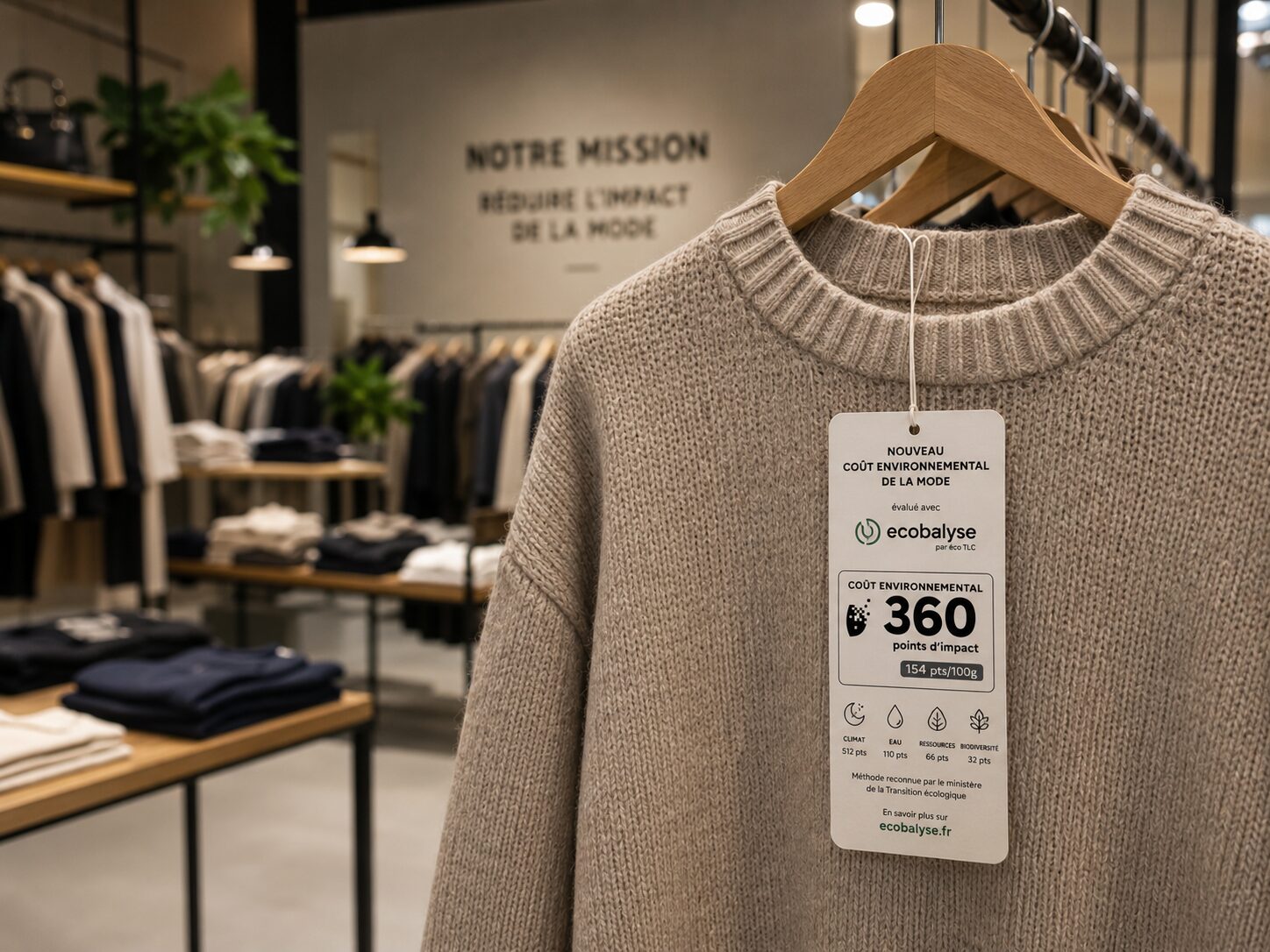 Prenda textil con etiqueta de Coût Environnemental mostrando puntos de impacto ambiental